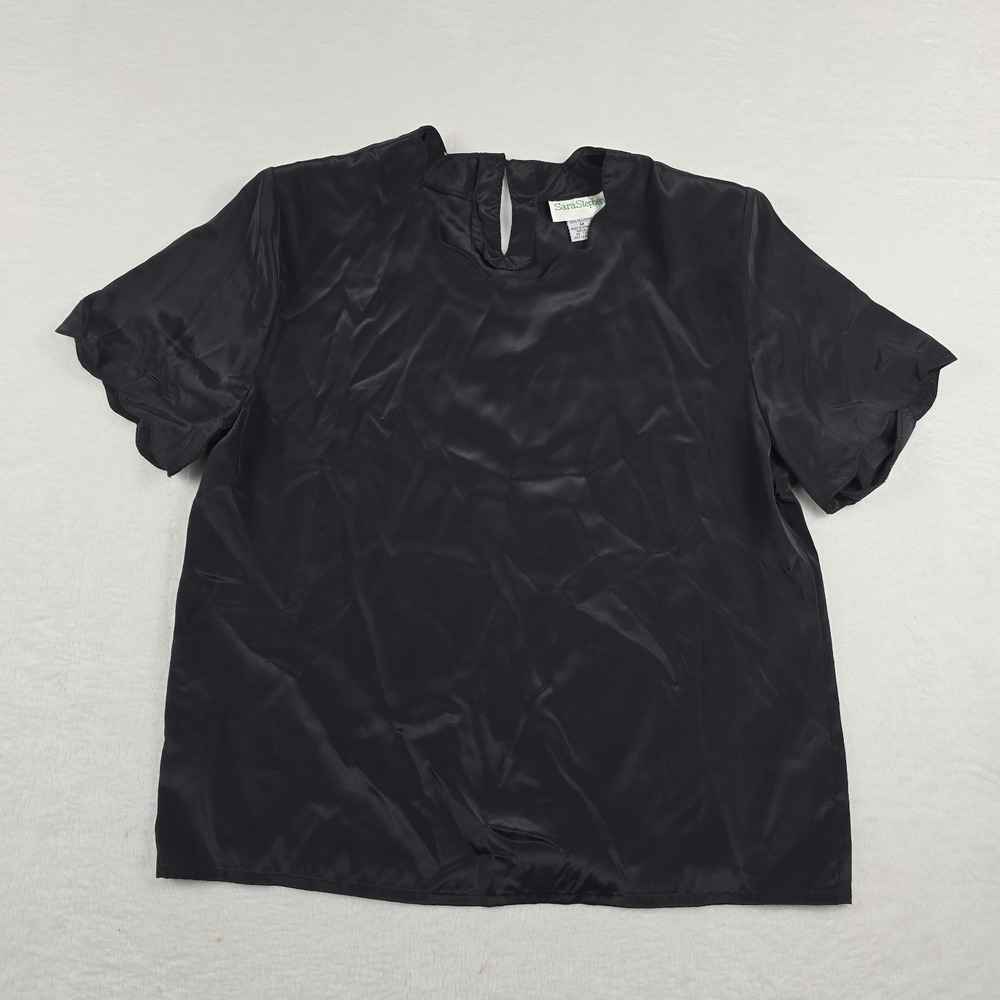 Sara Stephen Black Satin Short Sleeve Blouse Shoulder Pads Keyhole Back Medium